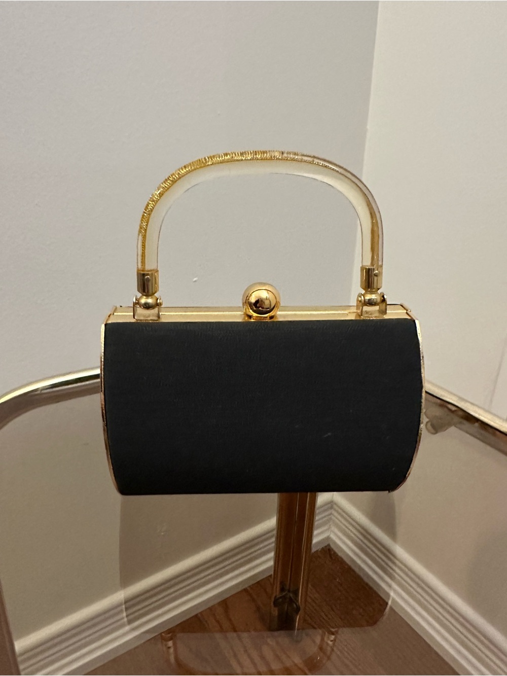 Black Structured Box Clutch with Gold Tone Hardware, Top Handle Evening Mini Bag
